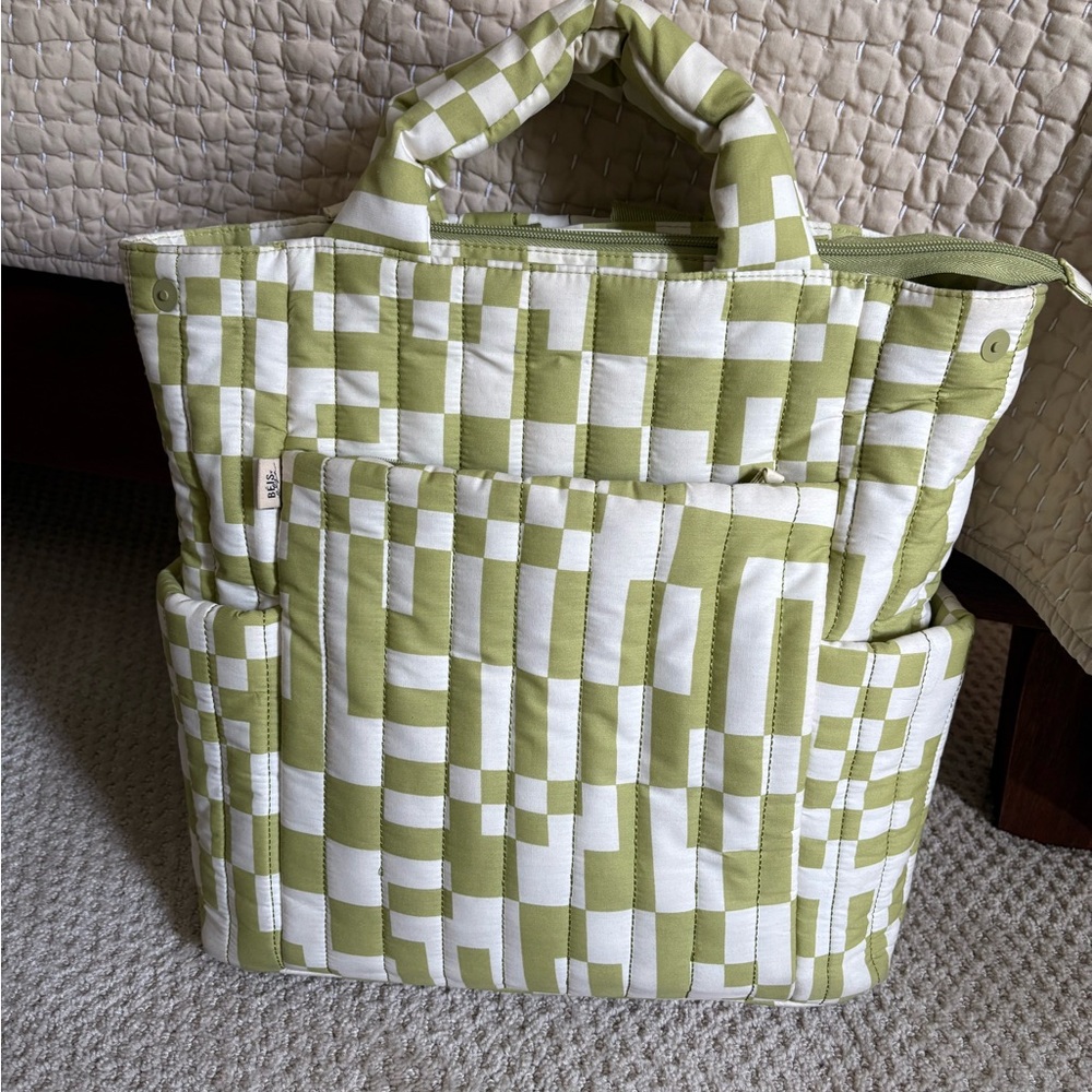 BEIS Green and White Checkered Diaper Backpack